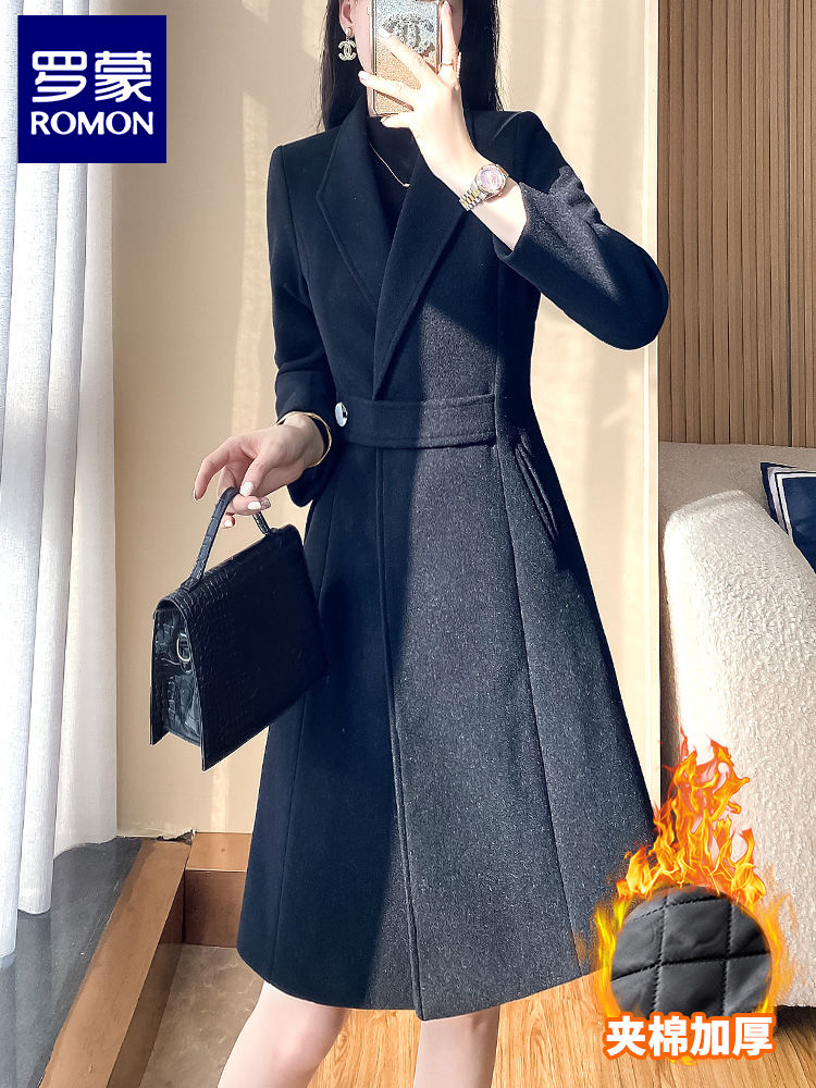 Luo Meng blazer women's winter thickened cotton design long belt suit windbreaker black woolen coat