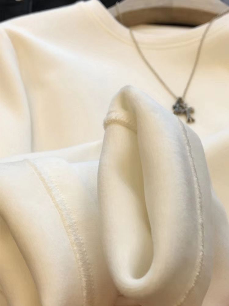 白色德绒中长款宽松长袖T恤女秋冬季开叉设计内搭打底衫上衣