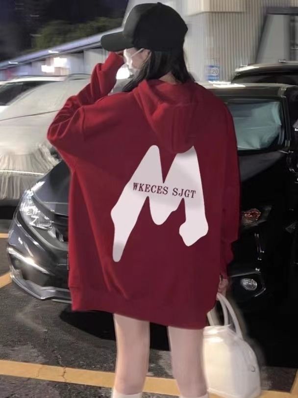 美式復古字母印花酒紅色連帽衛衣女情侶寬鬆秋冬外套加絨加厚上衣