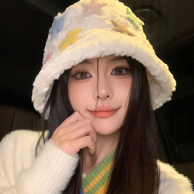 Soft and waxy colorful star plush fisherman hat autumn and winter women's versatile Japanese style face-showing small warm and cute basin hat trendy