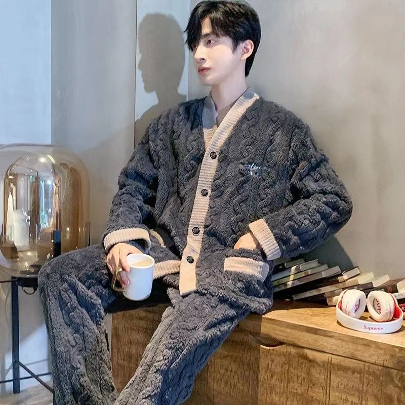 珊瑚絨睡衣冬季男款加絨加厚秋季2023新款青少年法蘭絨家居服套裝