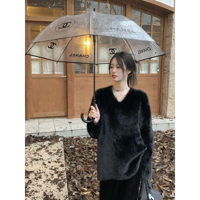 美拉德溫柔風黑色V領仿水貂毛長袖毛衣女冬加厚毛絨軟糯寬鬆上衣