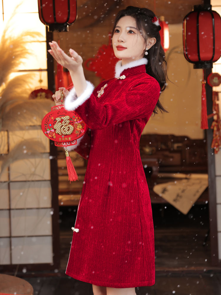 紅色旗袍2023新款冬季加絨敬酒服短款拜年服大人新年女裝過年小襖