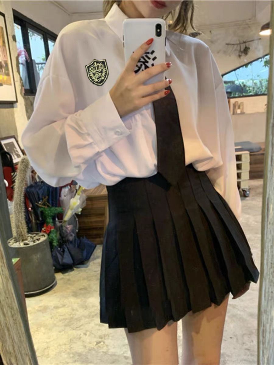 日系學院風領帶長袖襯衫配百褶裙兩件套學生JK制服襯衣班服套裝女