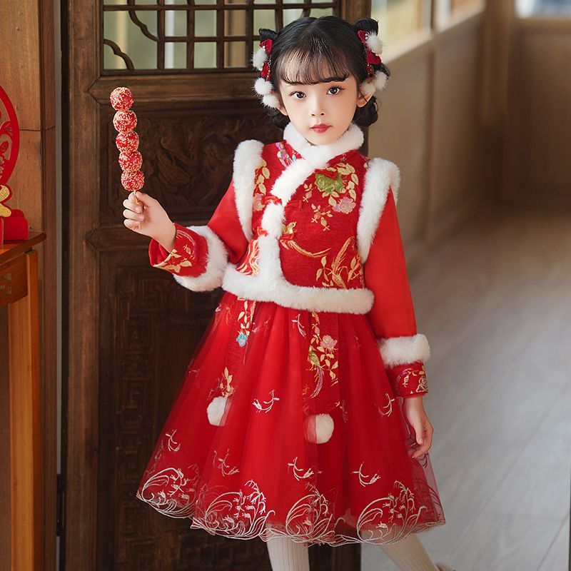 冬季汉服女童新款加绒古装裙子儿童拜年服小女孩唐装中国风连衣裙