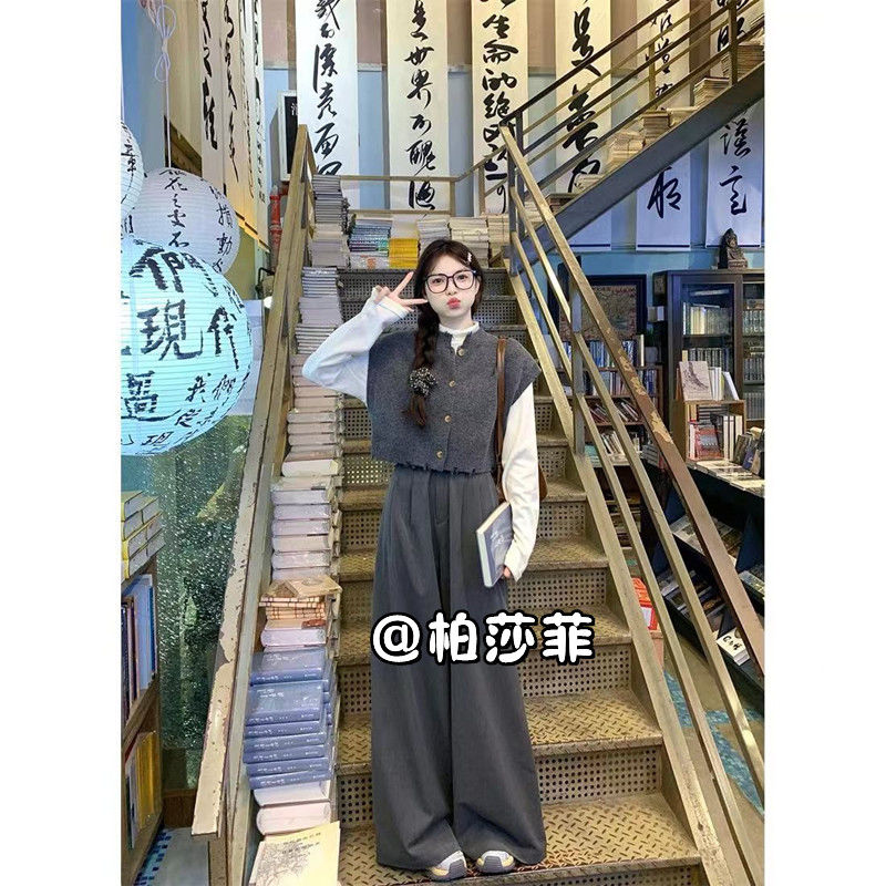女裝秋季新款高領短款打底衫氣質無袖馬甲毛衣套裝高腰三件套