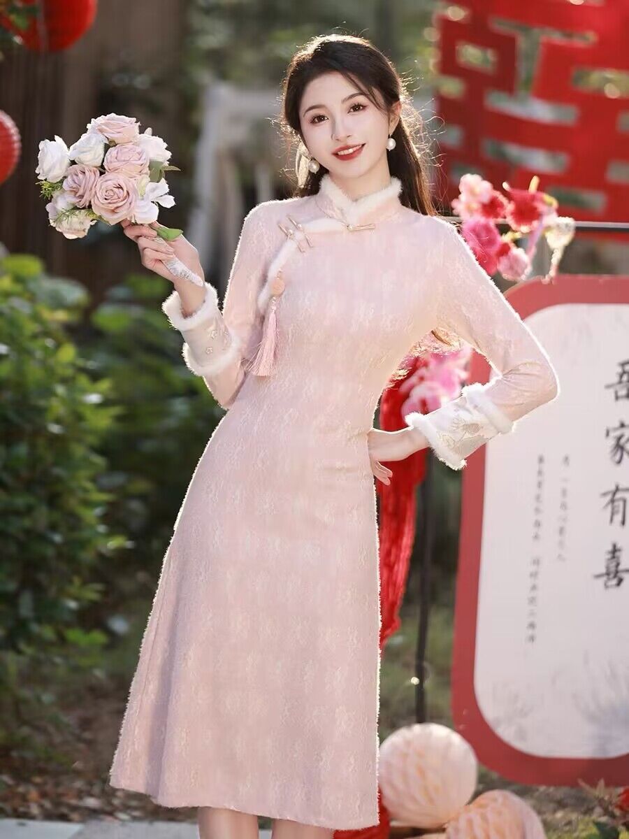 粉色加絨旗袍裙2023年冬季新款復古改良版氣質淑女日常優雅遮肚子