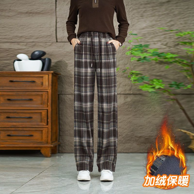 加厚毛呢格子休閒褲女冬季2023新款高腰垂感闊腿褲寬鬆顯瘦直筒褲