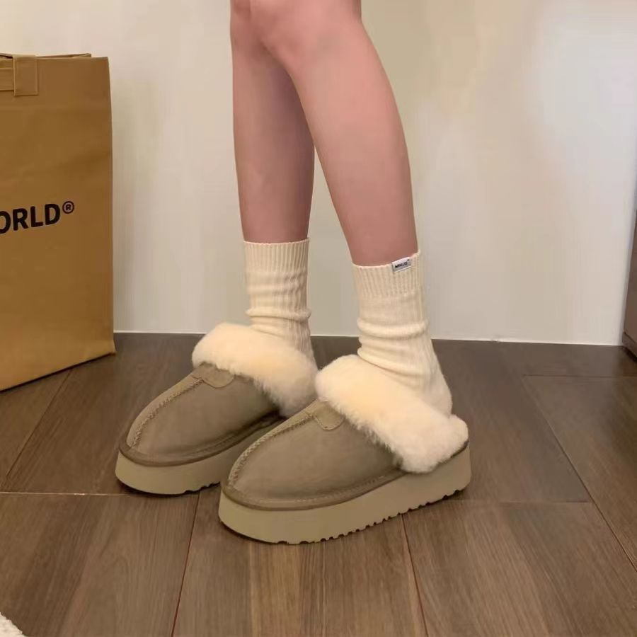 Zhao Lusi's same style fur shoes for outer wear, winter fur all-in-one thick-soled real soft leather snow boots for women, toe-cap cotton slippers