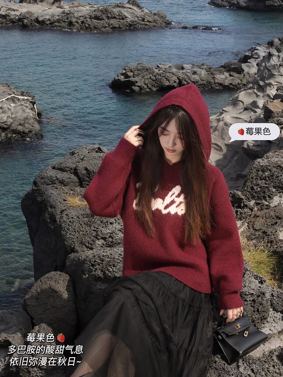 XJ家慵懶風字母連帽提花套頭毛衣女秋季寬鬆休閒上衣