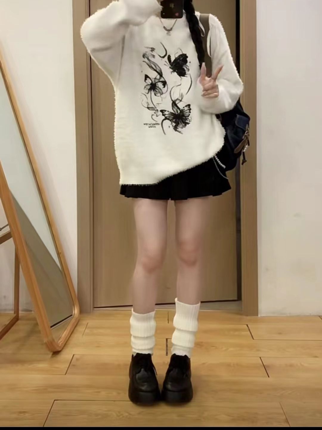 韓系水貂毛軟糯慵懶風蝴蝶印花毛衣女秋冬款寬鬆套頭設計感針織衫
