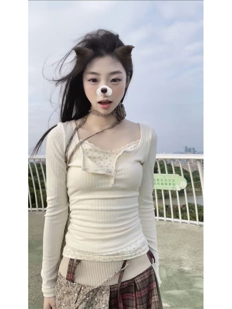 秋冬搭配一整套假兩件獨特碎花拼接蕾絲t恤女秋冬溫柔長袖打底衫