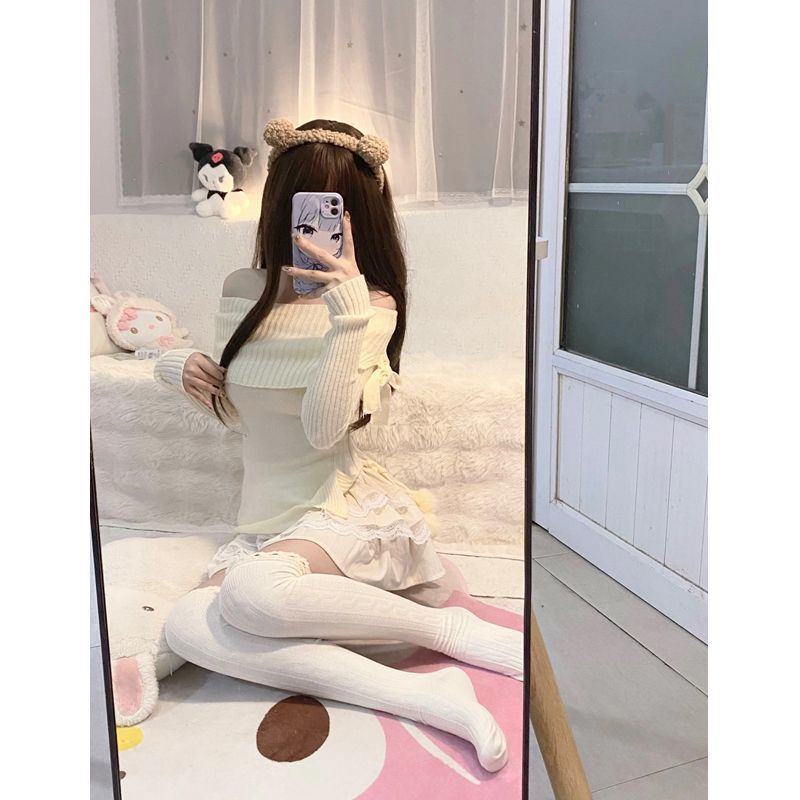 純欲風辣妹一字肩蝴蝶結修身針織衫毛衣+高腰蛋糕半身裙套裝女