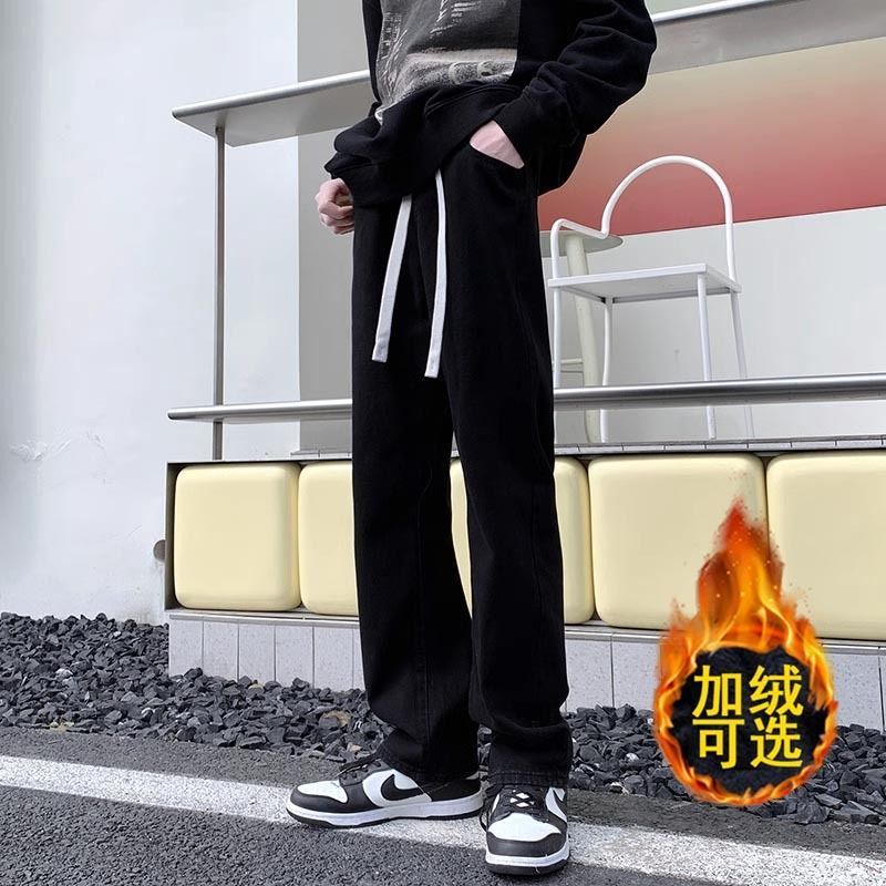 黑色復古牛仔褲男士秋冬款加絨加厚潮流百搭寬鬆直筒褲美式長褲子