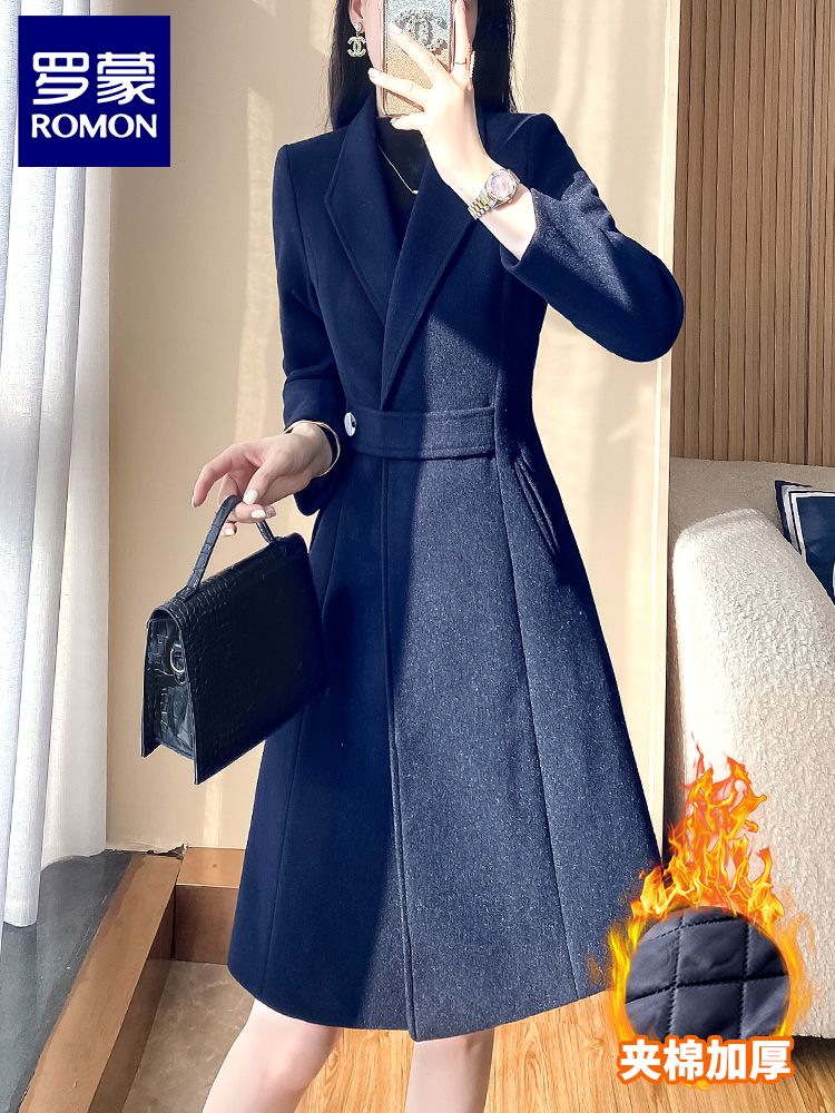 罗蒙风衣外套女藏青色高级感超好看西服工作服设计感腰带呢子大衣