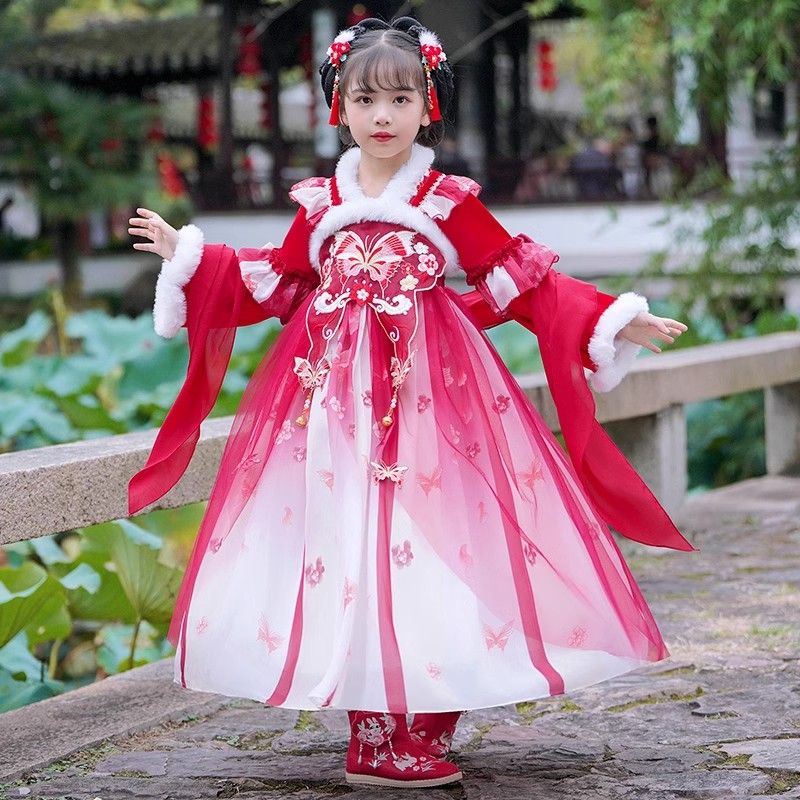 女童漢服冬款加厚2023新款兒童拜年中國風唐裝女孩古裝冬季連衣裙