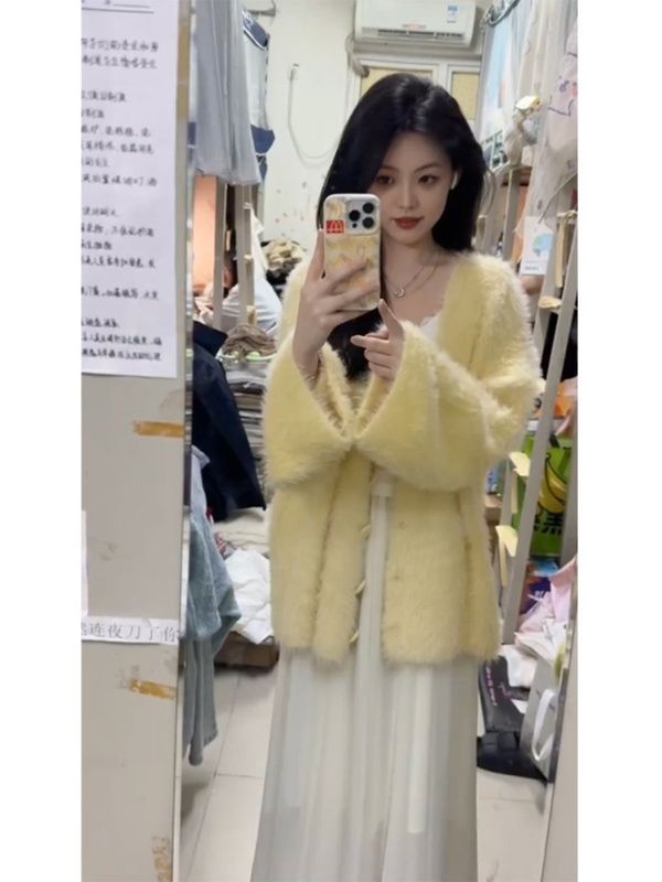 慵懶寬鬆開衫毛衣女款2023新款秋冬軟糯水貂毛針織衫上衣韓系外套