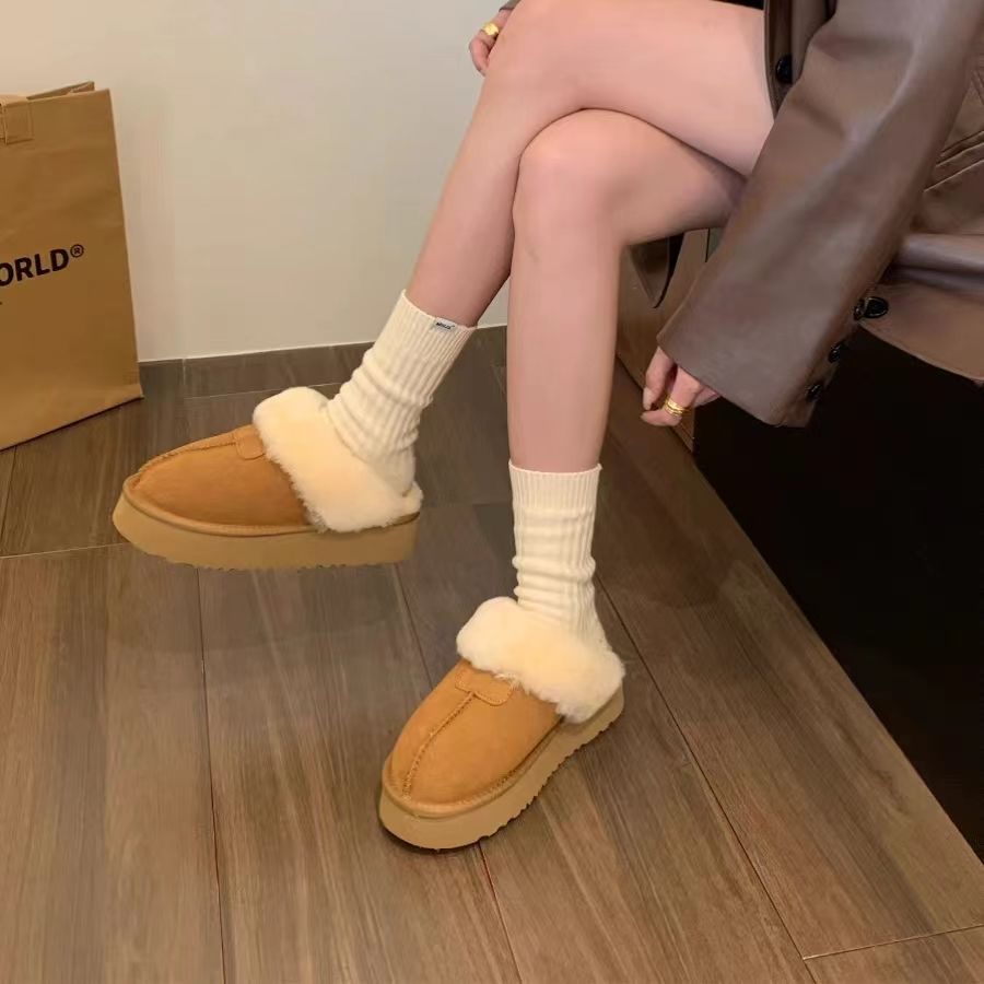 Zhao Lusi's same style fur shoes for outer wear, winter fur all-in-one thick-soled real soft leather snow boots for women, toe-cap cotton slippers