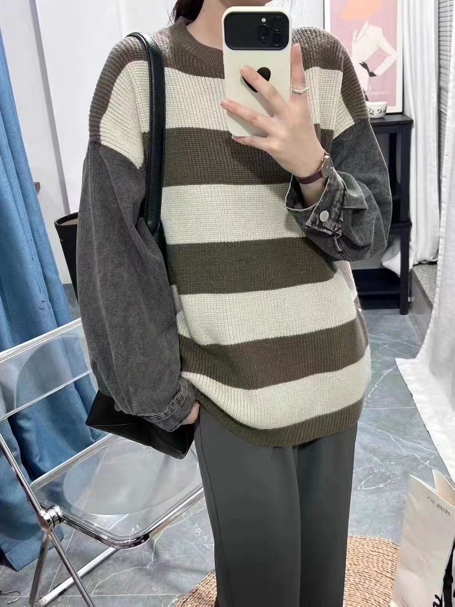 拼接牛仔袖寬鬆條紋圓領針織毛衣女時尚休閒長袖外搭套頭秋冬上衣