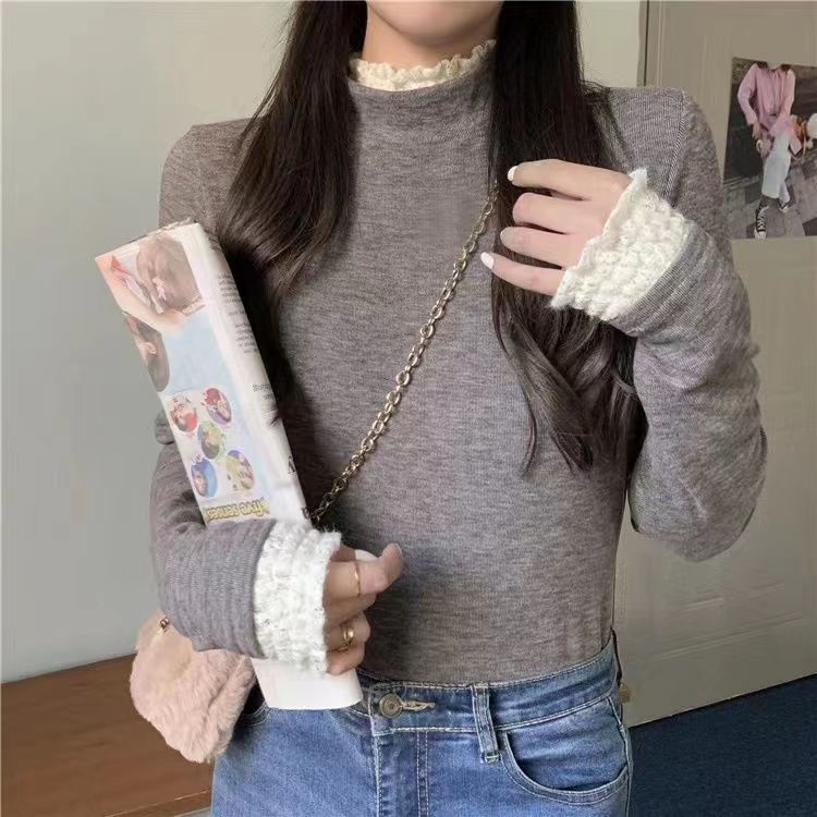 德絨半高領長袖打底衫高檔蕾絲衫女秋冬季新款保暖打底上衣潮
