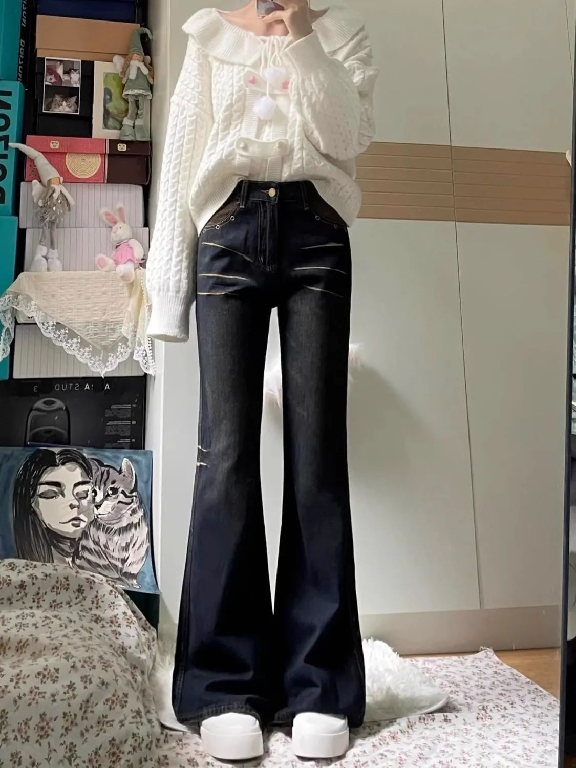145小個子XS美式復古拼接微喇牛仔褲女春秋設計感高腰顯瘦闊腿褲