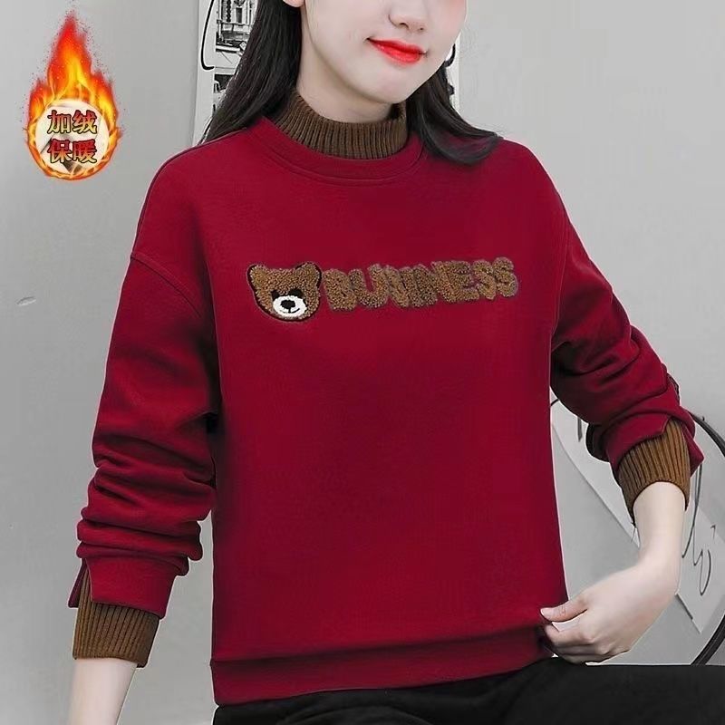 撿漏~外貿尾單加絨加厚衛衣秋冬小熊刺繡寬鬆減齡圓領上衣女