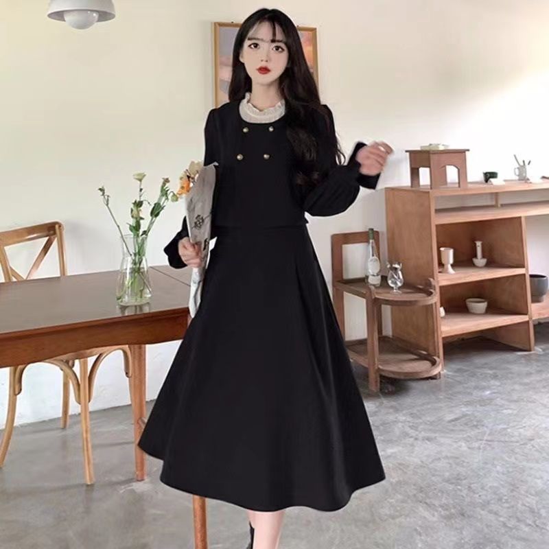 大碼女裝法式復古拼接長袖連衣裙女秋冬胖mm遮肚顯瘦假兩件長裙
