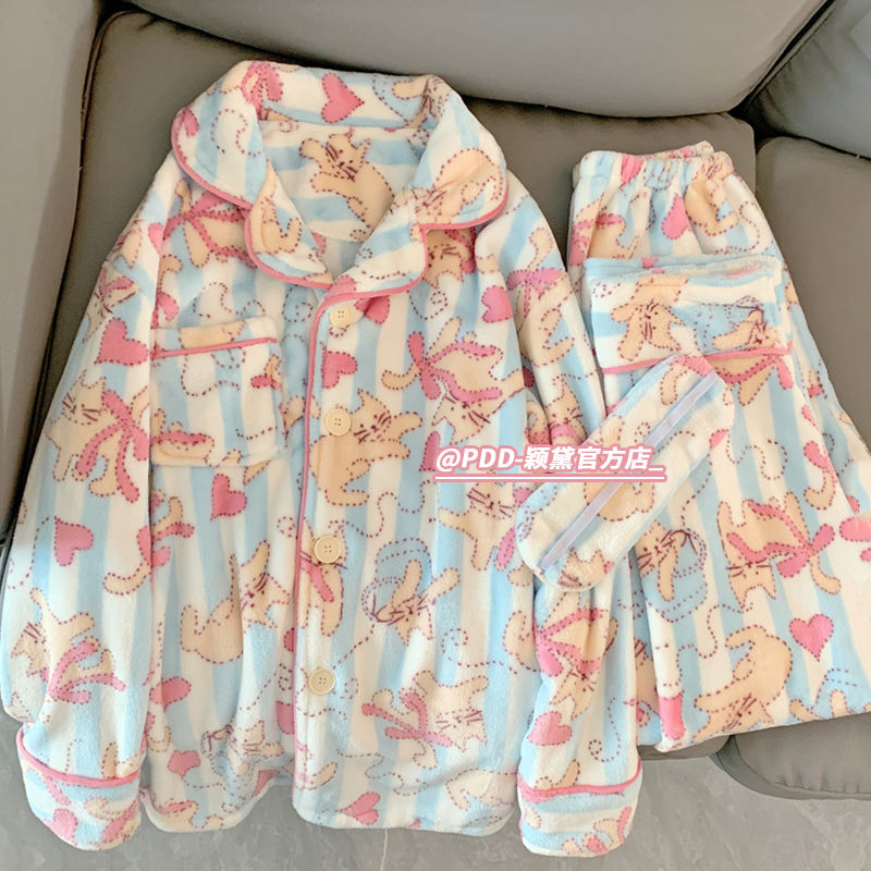 ins卡通條紋小貓咪法蘭絨睡衣女秋冬加厚珊瑚絨家居服套裝可外穿