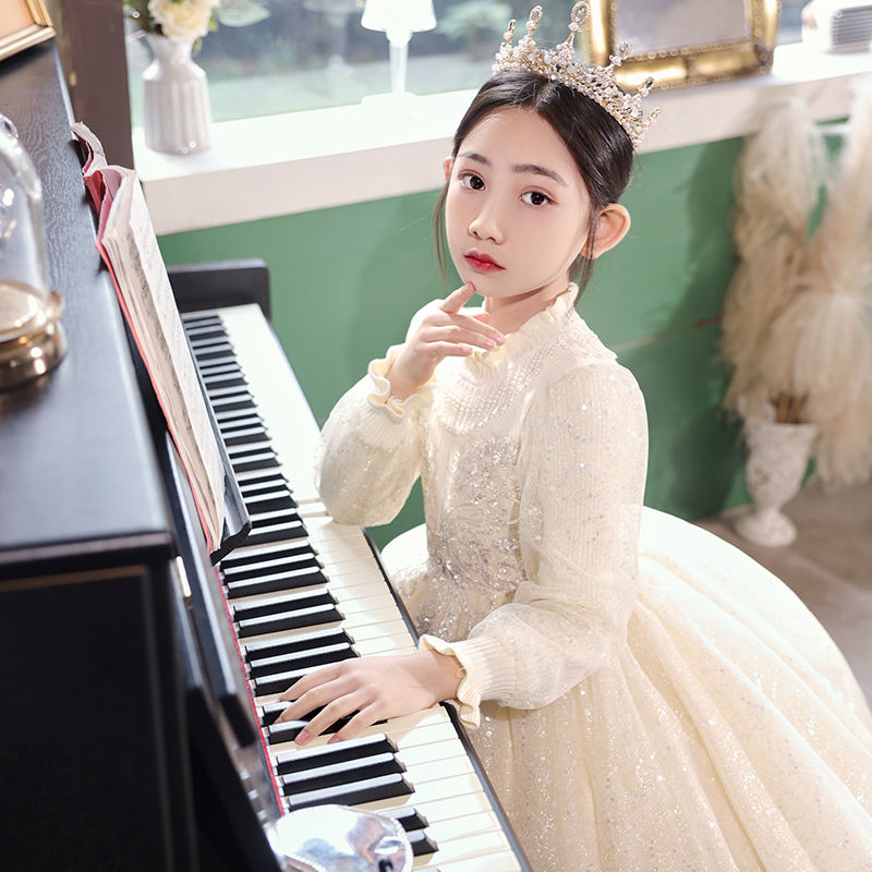 女童禮服秋冬花童婚禮小女孩主持人鋼琴演出服兒童生日高端公主裙