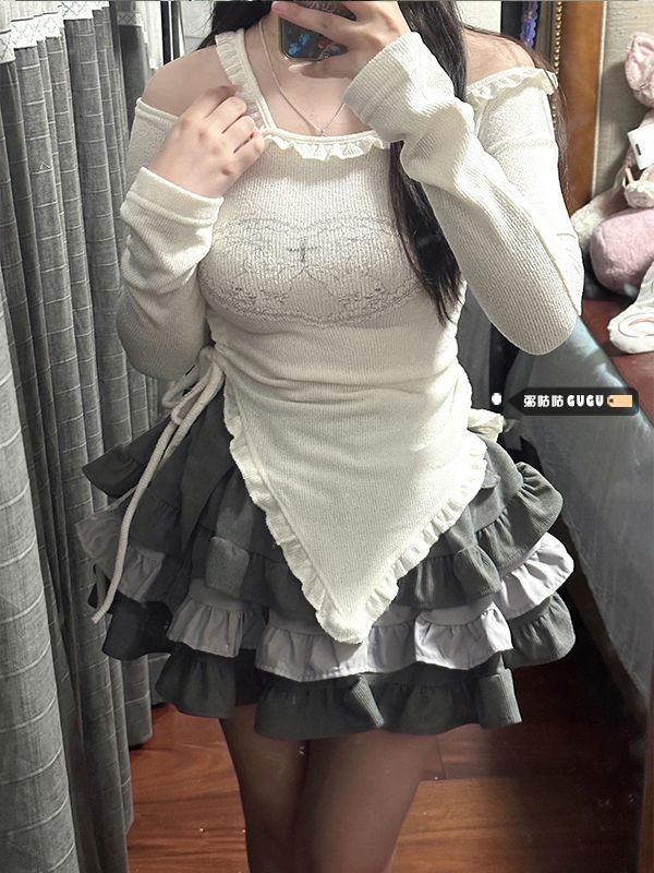 不規則修身顯瘦套裝上衣女早秋新款洋氣甜辣妹露肩長袖T恤半身裙