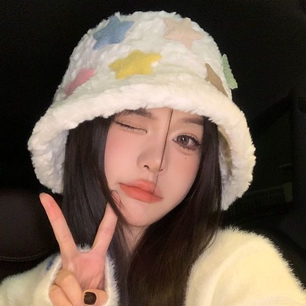 Soft and waxy colorful star plush fisherman hat autumn and winter women's versatile Japanese style face-showing small warm and cute basin hat trendy