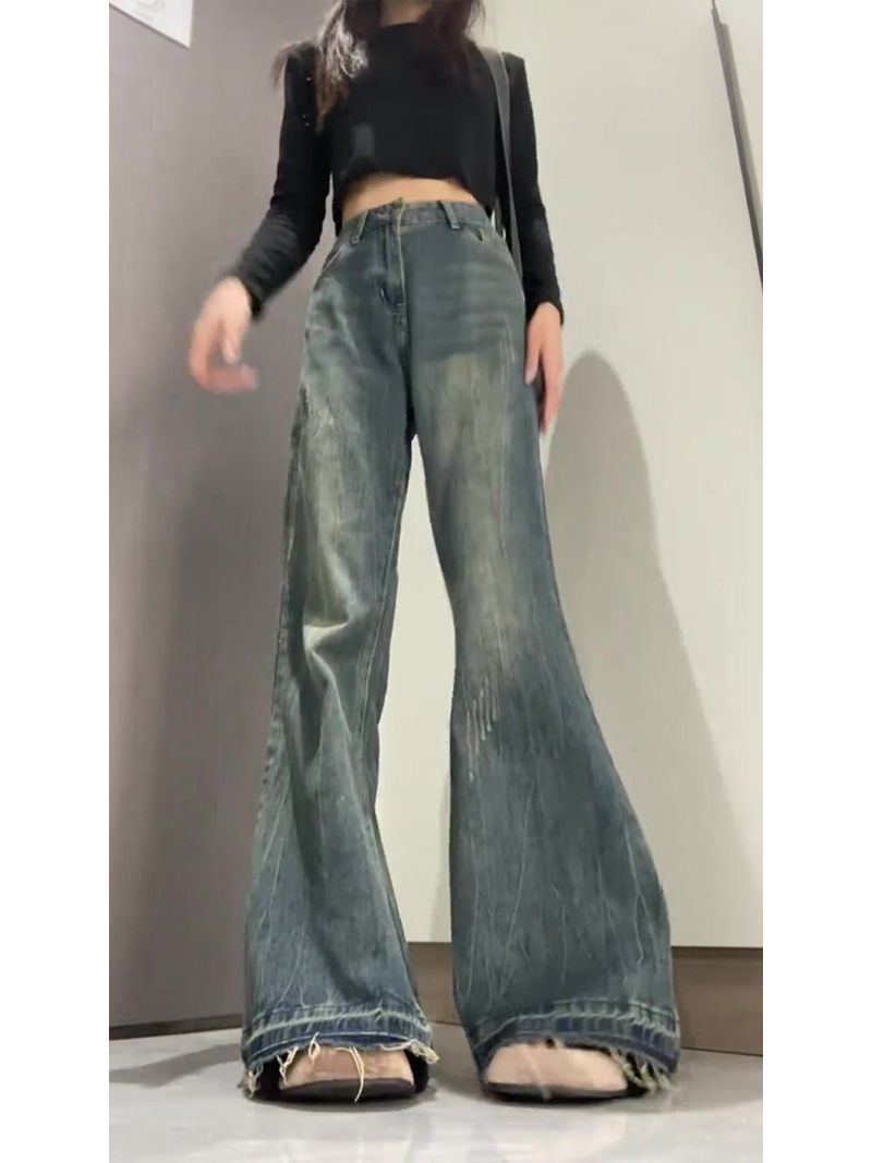 復古美式微喇牛仔褲女2023秋季新款高腰顯瘦寬鬆百搭直筒喇叭褲子