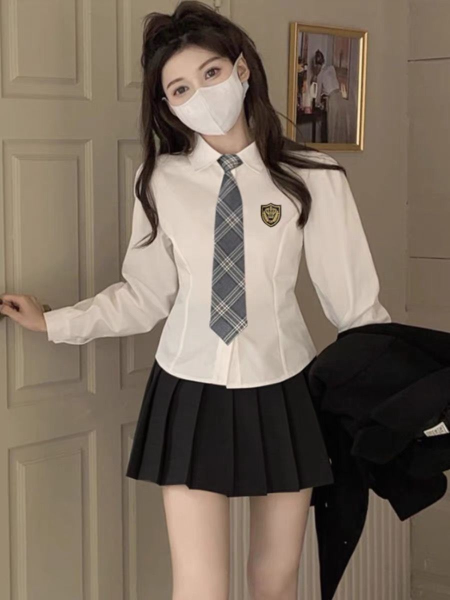 甜辣學院風長袖白色襯衫女春秋收腰顯瘦制服襯衣設計感別致上衣