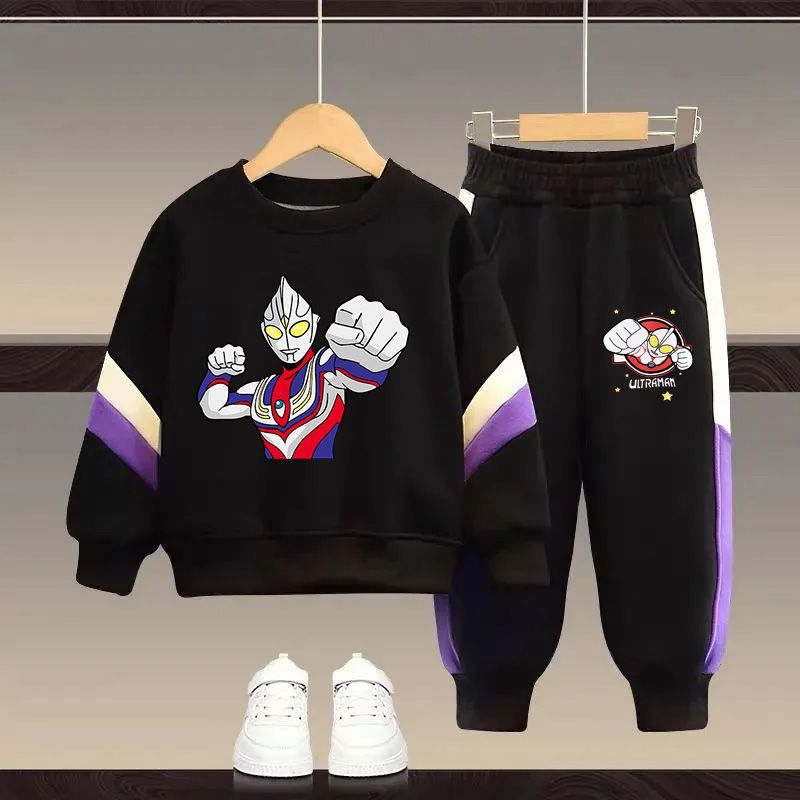 Boys suit winter thickened velvet new fashionable boy street sweatshirt sweatpants middle and older children two-piece trendy set