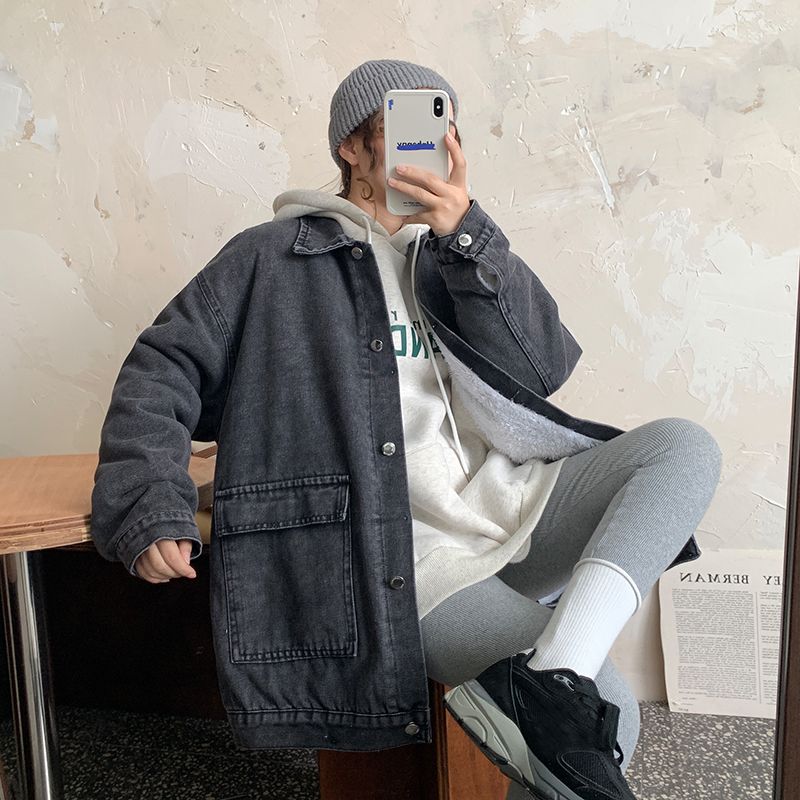 Thickened popular denim jacket for women in autumn and winter Korean style loose student versatile tops plus velvet thickened cotton clothes trendy