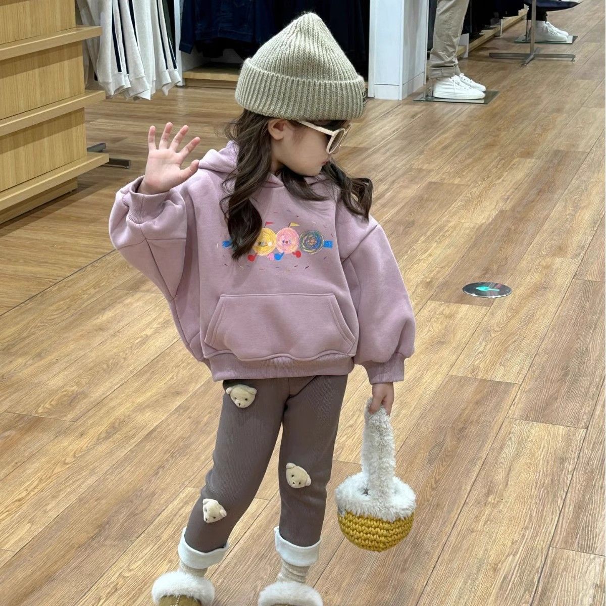 兒童加絨衛衣2023秋冬新款女童卡通印花連帽外套冬季寶寶加厚上衣