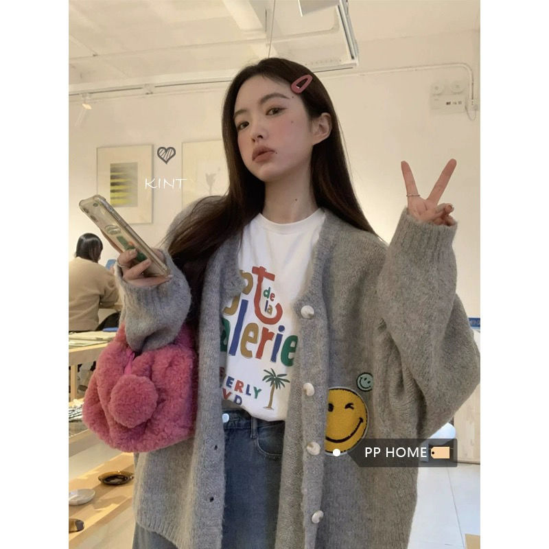 High-end gray lazy style soft waxy sweater jacket for women autumn and winter 2023 new loose knitted cardigan top