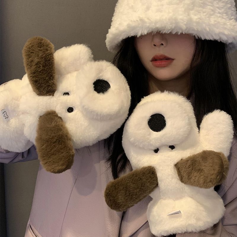 [Instant discount for new customers] Puppy plush gloves winter Korean style cute cold-proof plus velvet thickening to keep warm cycling students