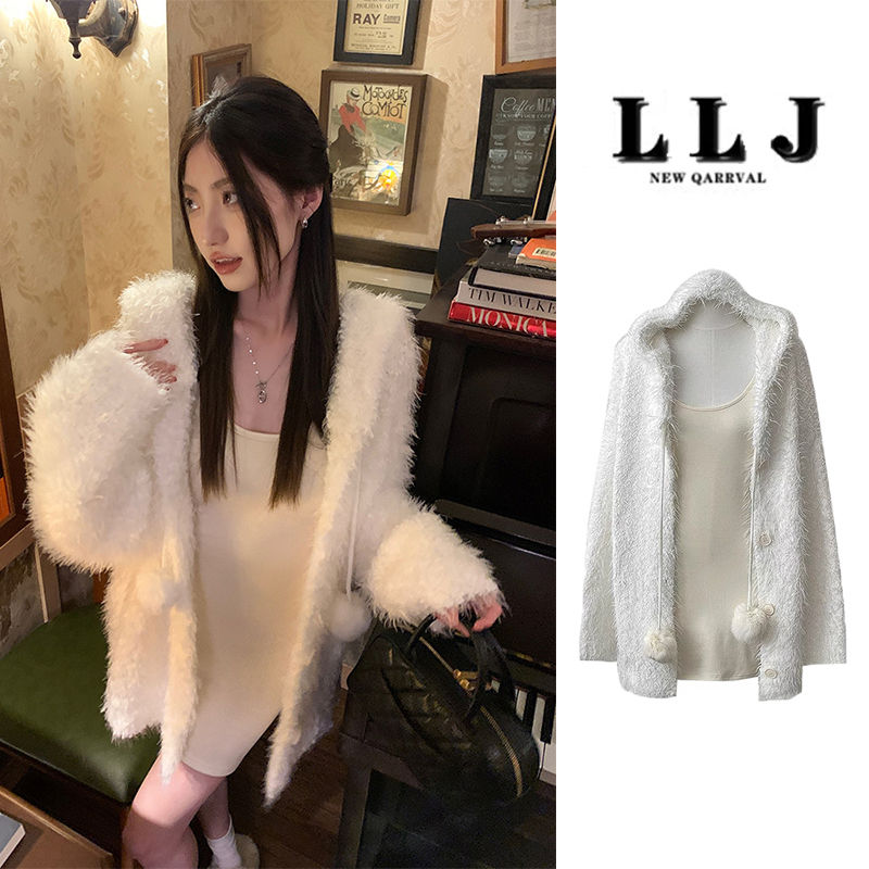 仿水貂絨連帽加厚毛衣外套女秋冬季寬鬆慵懶風針織開衫奶呼呼上衣