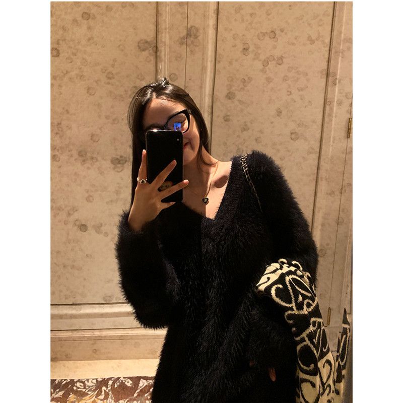 美拉德加厚黑色仿貂毛v領毛衣女高檔顯瘦軟糯寬鬆套頭針織衫上衣