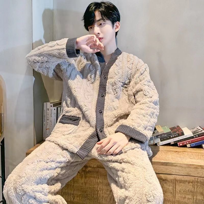 男士睡衣秋冬季珊瑚絨加厚加絨2023新款男款青少年秋冬家居服套裝