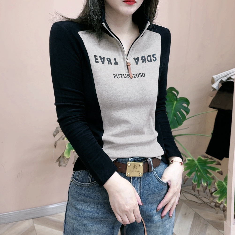 正品高檔雙面絨打底衫女新款拼接撞色顯瘦保暖上衣秋冬款衛衣小衫