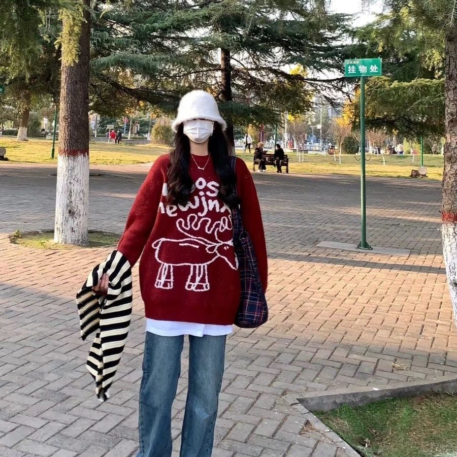 American Retro New Year Elk Sweater Women's Autumn and Winter 2023 New Fashion Brand Design Loose Lazy Style Knitted Sweater