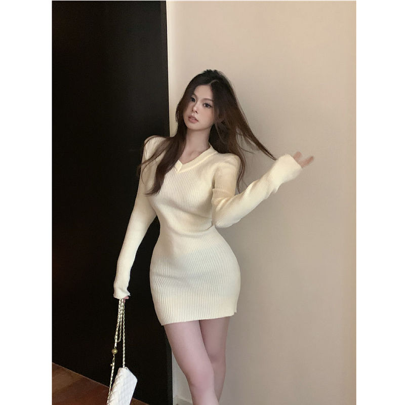 韓版V領針織連衣裙2023秋季新款女打底衫修身彈力包臀長袖短裙子