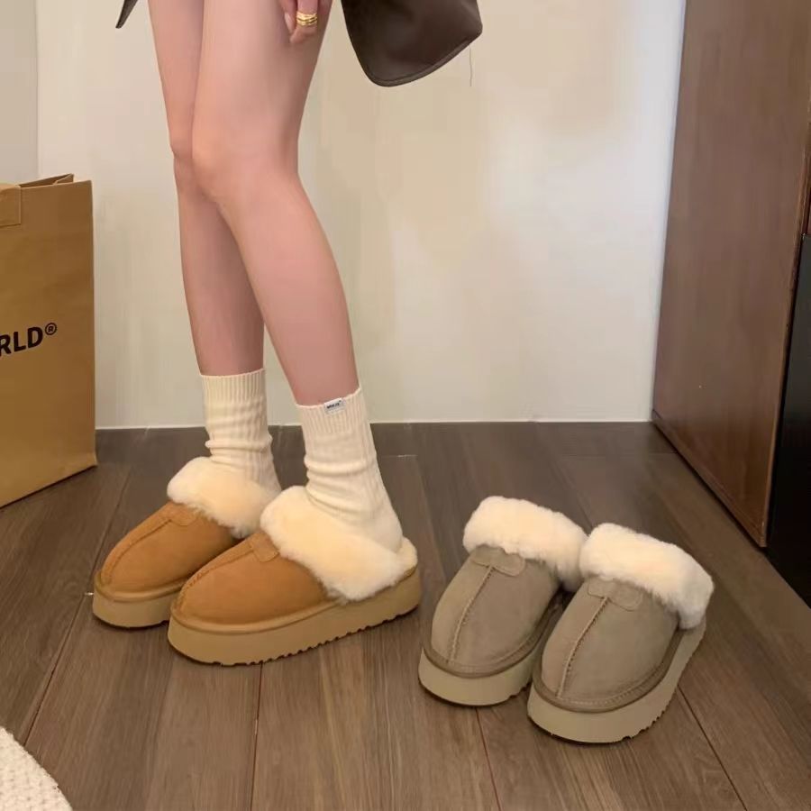 Zhao Lusi's same style fur shoes for outer wear, winter fur all-in-one thick-soled real soft leather snow boots for women, toe-cap cotton slippers