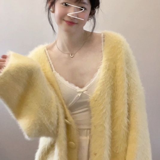 溫柔風黃色V領毛衣外套女氣質秋冬寬鬆慵懶風水貂毛針織開衫上衣