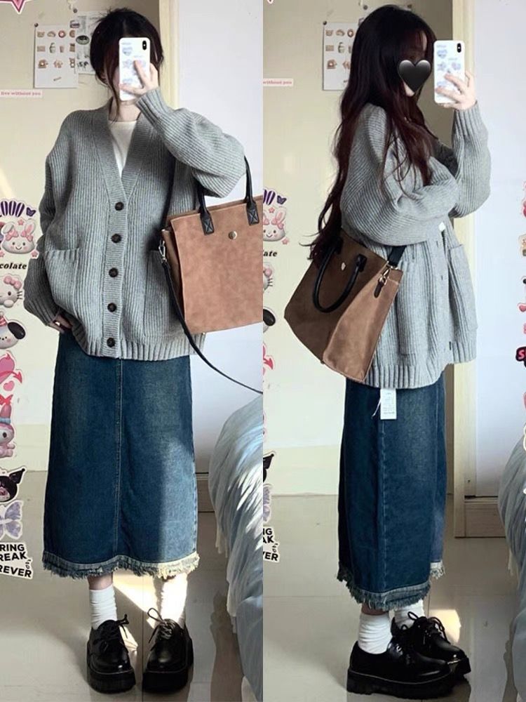 Gray autumn and winter new sweater cardigan Japanese style lazy style 2023 Korean style retro loose breast style knitted jacket