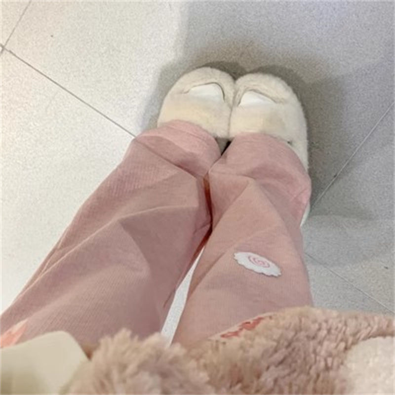 Plush pink corduroy fish plate embroidery autumn and winter student sports and casual wide-leg trousers for women Japanese cute soft girl