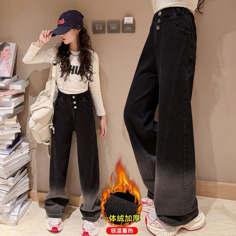 女童加絨牛仔褲秋冬2023新款女大童一體絨闊腿褲兒童冬裝直筒褲子