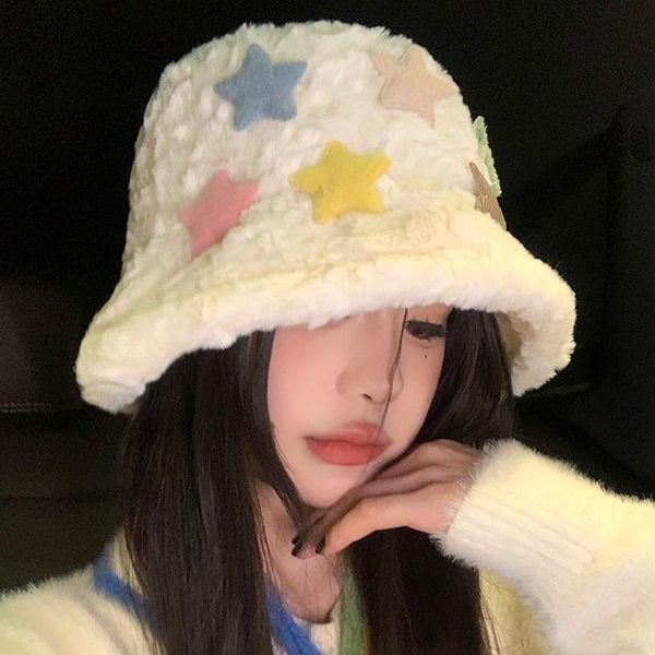 Soft and waxy colorful star plush fisherman hat autumn and winter women's versatile Japanese style face-showing small warm and cute basin hat trendy